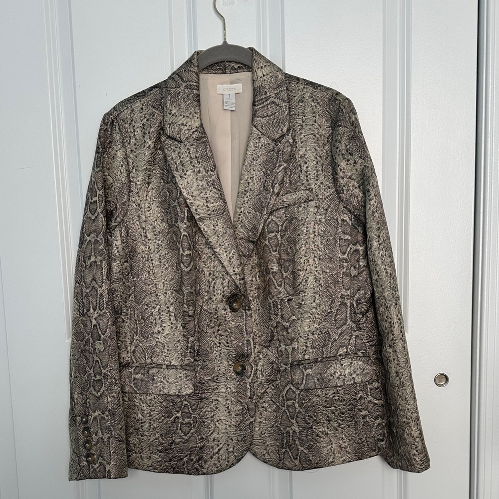 Chico's Snakeskin Pattern Blazer in Brown and Cream Metallic Jaquard Fabric